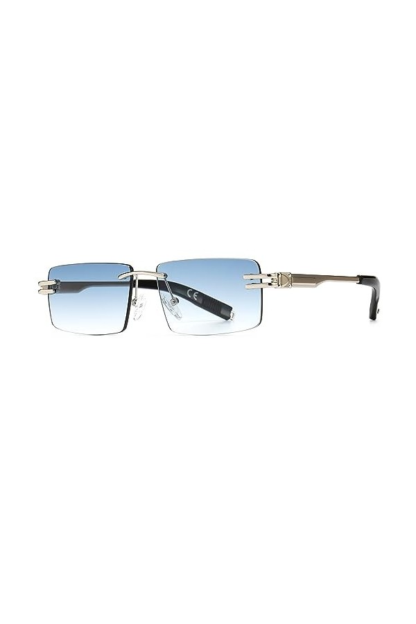 Ggpyyon Lunettes de soleil rectangulaires rétro sans monture pour homme et femme, Argent/bleu dégradé