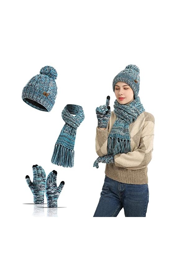Ensemble Bonnet Echarpe Gant Femme 3 en 1 TricotéS Gants Ski Femme Hiver Chaud