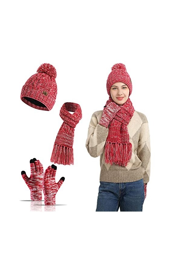 Ensemble Bonnet Echarpe Gant Femme 3 en 1 TricotéS Gants Ski Femme Hiver Chaud