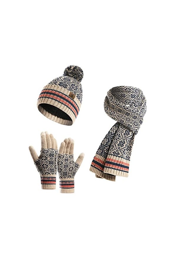 Ensemble Bonnet Echarpe Gant Femme 3 en 1 TricotéS Gants Ski Femme Hiver Chaud Doublé en Polaire