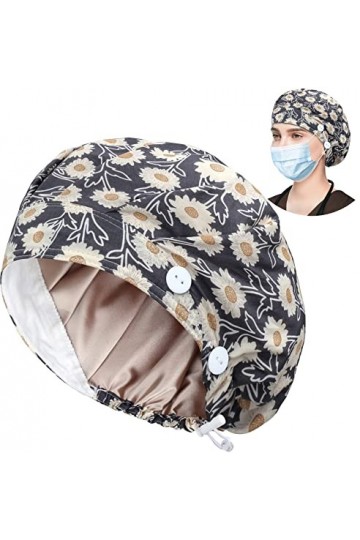 Bonnet de travail avec bouton et bandeau absorbant, chapeau bouffant réglable pour homme et femme, taille unique, A-96 Fleur 