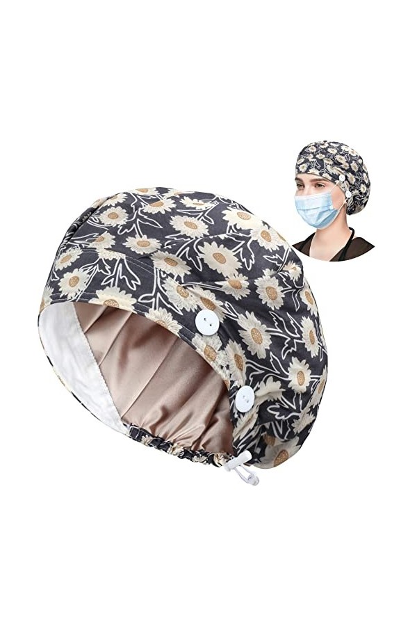 Bonnet de travail avec bouton et bandeau absorbant, chapeau bouffant réglable pour homme et femme, taille unique, A-96 Fleur