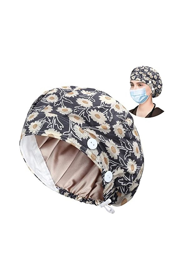 Bonnet de travail avec bouton et bandeau absorbant, chapeau bouffant réglable pour homme et femme, taille unique, A-96 Fleur 