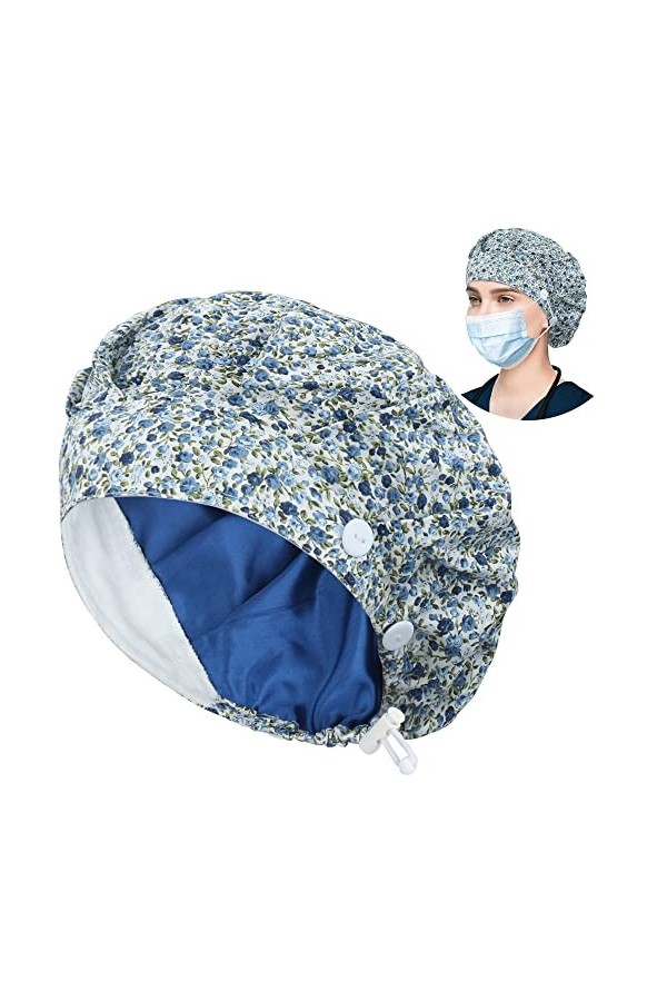 Bonnet de travail avec bouton et bandeau absorbant, chapeau bouffant réglable pour homme et femme, taille unique, A-96 Fleur 