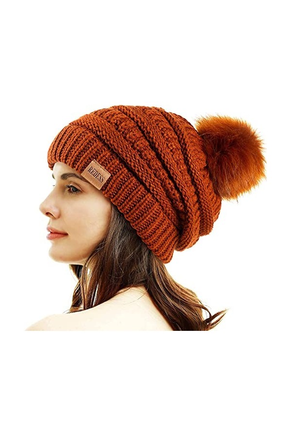 REDESS Bonnet dhiver à Pompons pour Femme Doublure Polaire Chaude Épais Slouchy Snow Knit Chunky Baggy Skull Ski Cap