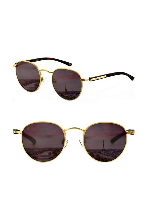 CREYESTAL Lunettes de Soleil Polarisées en Métal Rondes Rétro, Taille Medium, Verres Polycarbonate HD Premium 100% Anti-UV, p