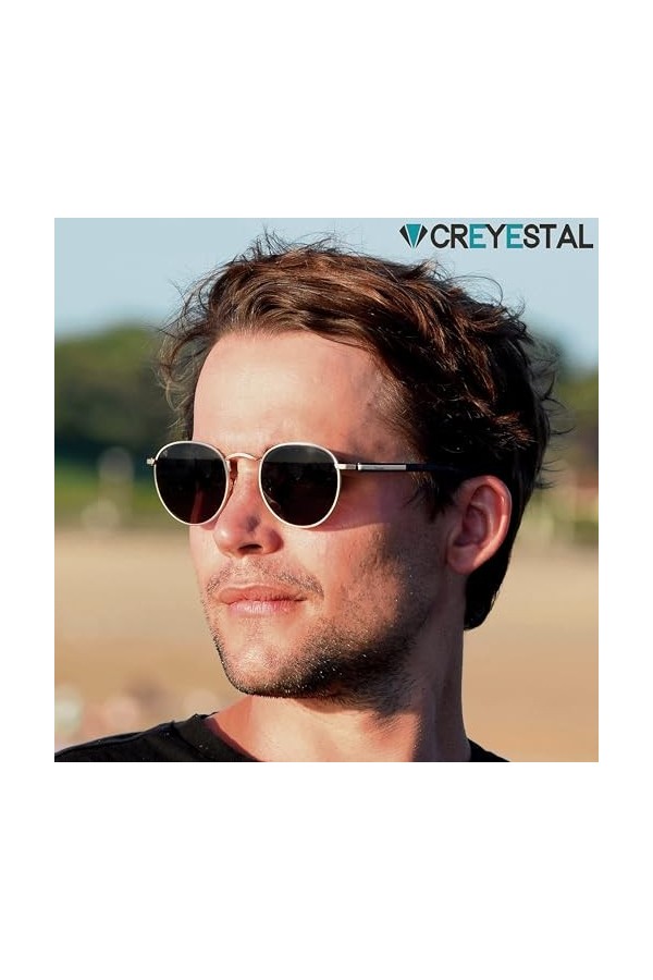 CREYESTAL Lunettes de Soleil Polarisées en Métal Rondes Rétro, Taille Medium, Verres Polycarbonate HD Premium 100% Anti-UV, p