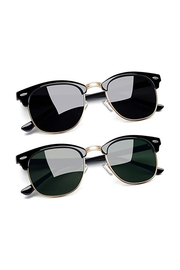 Joopin 2 Pack Classique Lunettes de Soleil Homme Polarisées Demi-cerclée UV400 Vintage et Lunettes de Soleil Femme Pas Cher N