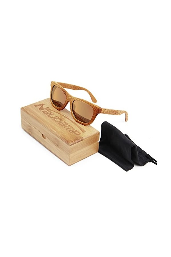 Naudamp Lunettes de Soleil polarisées en Bambou Hommes Femmes Lunettes en Bois pour Sports Nautiques et activités de Plein ai