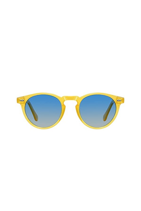 H HELMUT JUST Lunettes de Soleil Ronde Verres Bleu Monture Jaune pour Femme Homme Polarisées Vintage TR90 e Acetate