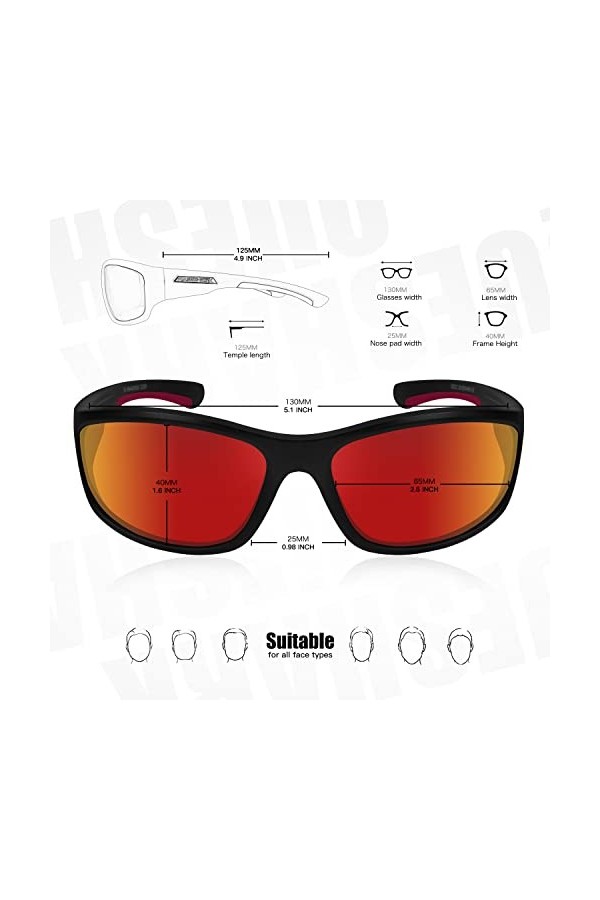 Queshark Lunettes de Soleil de Sport Polarisées pour Homme et Femme Cyclisme Course à Pied Golf Pêche Wrap Around Lunettes