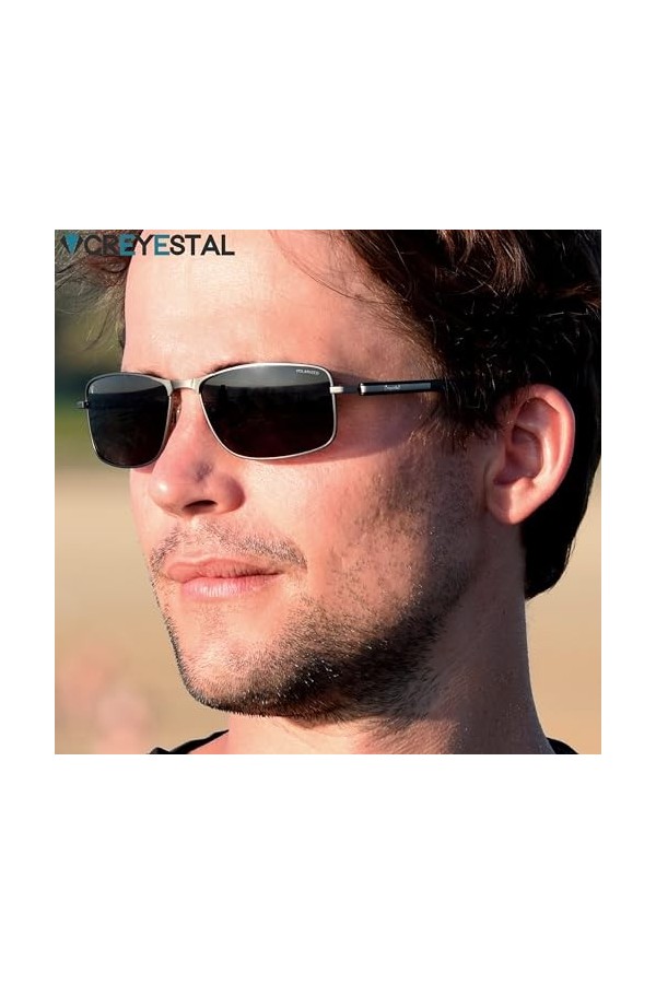 CREYESTAL Lunettes de Soleil Métal Rectangles Classiques Élégantes, Taille Medium, Verres Polycarbonate HD Premium 100% Anti-