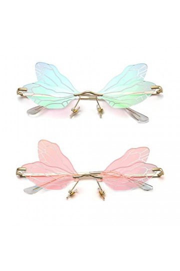 YUELUQU Mode Rimless Dragonfly Papillon Ailes Lunettes de soleil Party Cosplay Verres mignons drôles rouge miroir + vert 