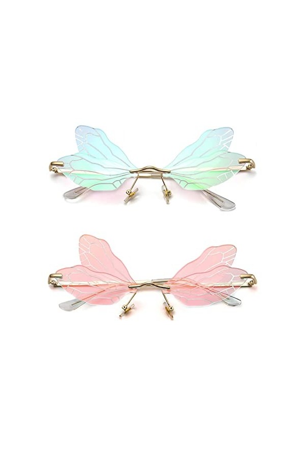 YUELUQU Mode Rimless Dragonfly Papillon Ailes Lunettes de soleil Party Cosplay Verres mignons drôles rouge miroir + vert 