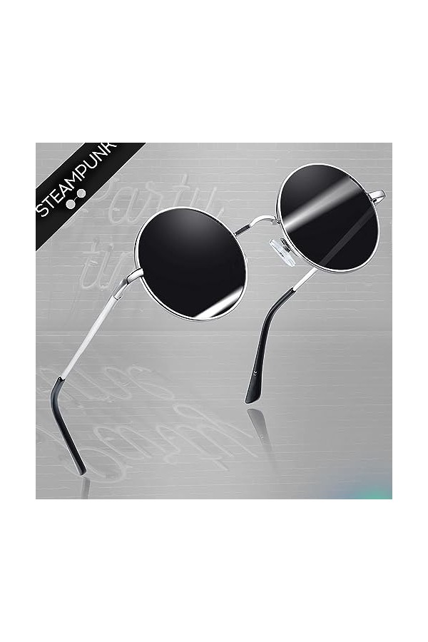 Joopin 2 Pack Ronde Lunette de Soleil Polarisée pour Homme et Femme Lunettes Rétros Style Or Noir et Argent Noir