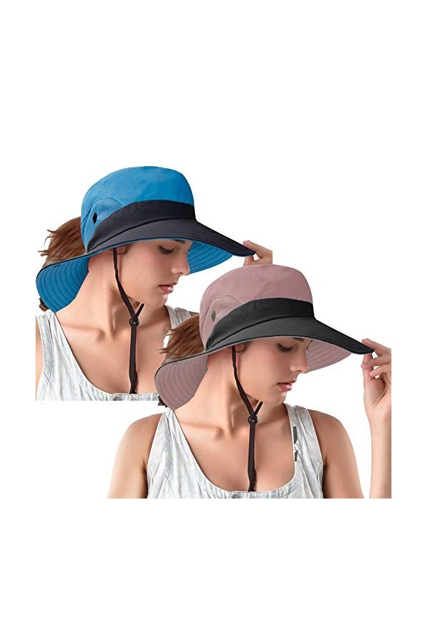 Rosoz Lot de 2 chapeaux de soleil pour queue de cheval, protection UV, pliable, en maille à large bord, pour randonnée, plage
