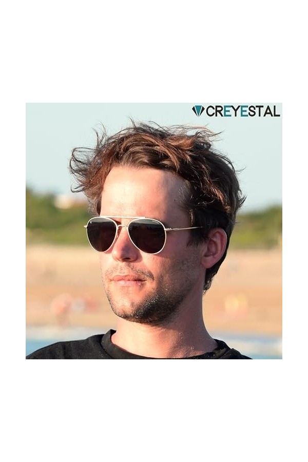 CREYESTAL Lunettes de Soleil Polarisées Métal Aviateur Pilote, Taille Medium, Verres Polycarbonate HD Premium 100% Anti-UV, p