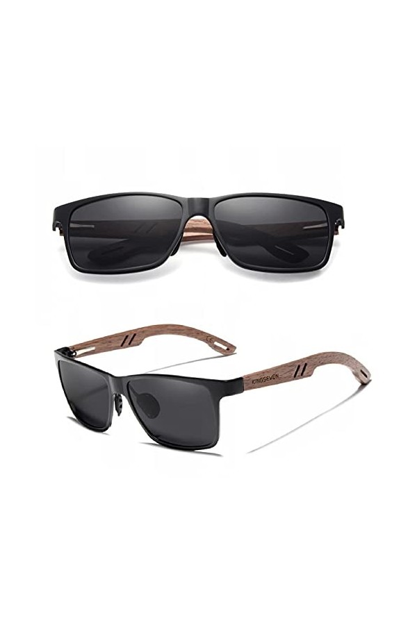KINGSEVEN Lunettes de soleil pour homme et femme Lunettes de soleil en bois Unisexe en bambou Lunettes de soleil UV400 Noir,