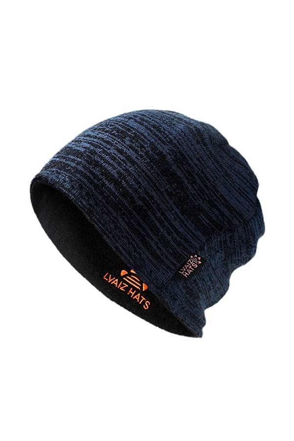 Lvaiz Bonnet dhiver tricoté doublé en polaire pour homme - Réversible - Coupe-vent - Chaud - Pour femme, Bleu/noir, Taille u