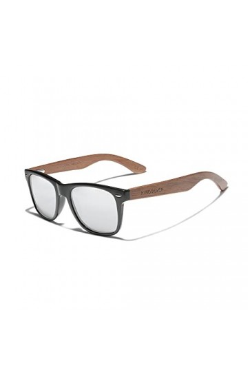 KINGSEVEN Lunettes de Soleil en Bois Polarisées pour Hommes Femmes Rétro Vintage Verres Miroir Cadre en Bois de Noyer W5777 