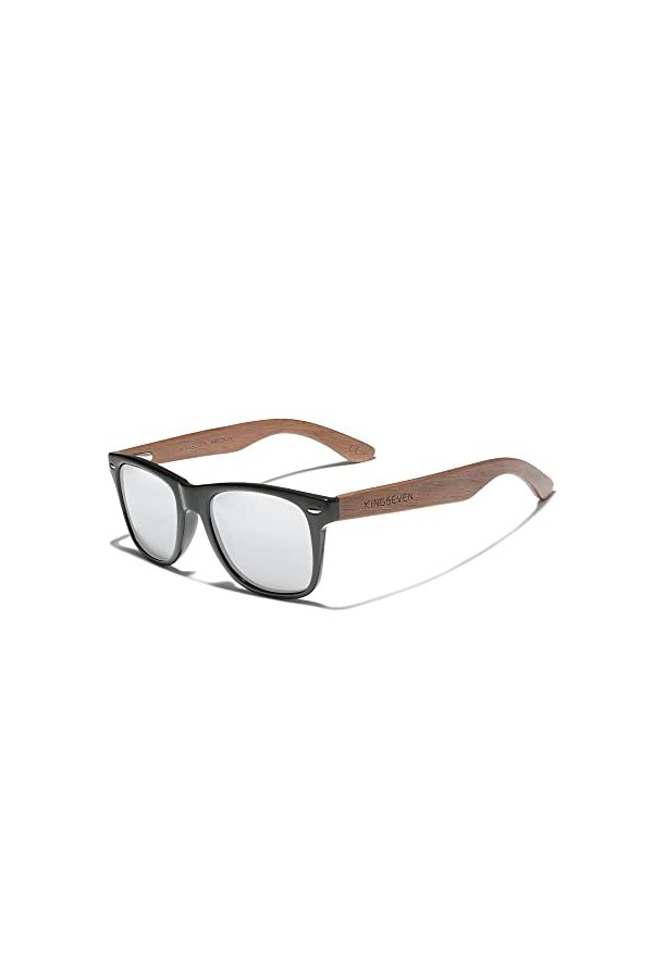 KINGSEVEN Lunettes de Soleil en Bois Polarisées pour Hommes Femmes Rétro Vintage Verres Miroir Cadre en Bois de Noyer W5777 
