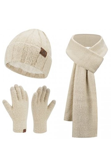 Femme Hiver Chaud Tricot Bonnet Gants Tactiles Grosse Echarpe Ensemble avec Sequins Doublure Epaisse en Polaire, Beige