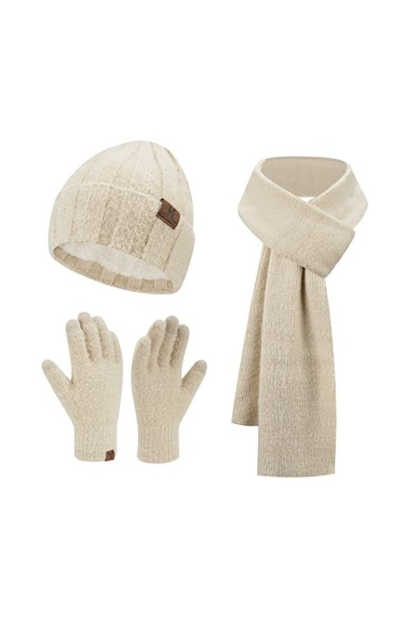 Femme Hiver Chaud Tricot Bonnet Gants Tactiles Grosse Echarpe Ensemble avec Sequins Doublure Epaisse en Polaire, Beige