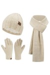 Femme Hiver Chaud Tricot Bonnet Gants Tactiles Grosse Echarpe Ensemble avec Sequins Doublure Epaisse en Polaire, Beige