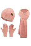 Femme Hiver Chaud Tricot Bonnet Gants Tactiles Grosse Echarpe Ensemble avec Sequins Doublure Epaisse en Polaire, Beige