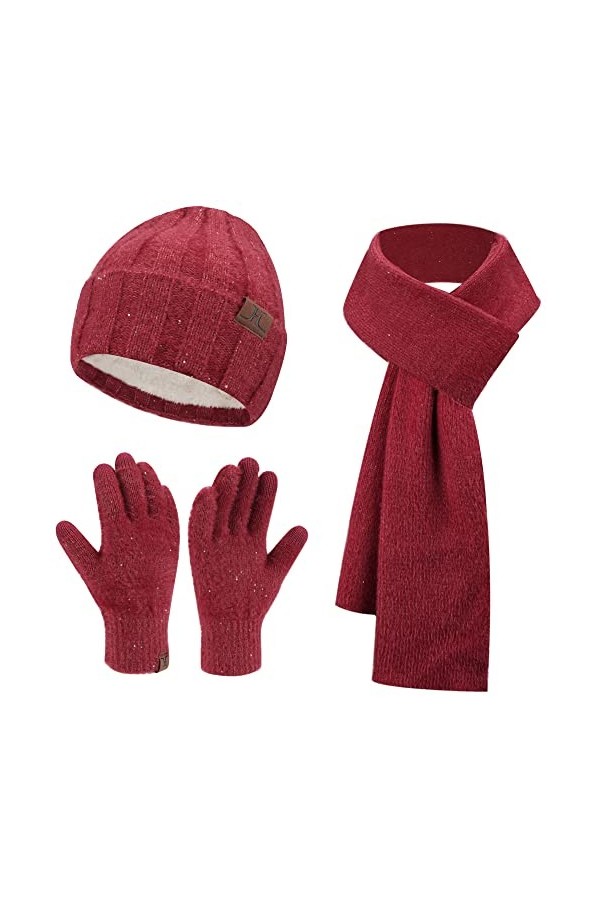 Femme Hiver Chaud Tricot Bonnet Gants Tactiles Grosse Echarpe Ensemble avec Sequins Doublure Epaisse en Polaire, Beige