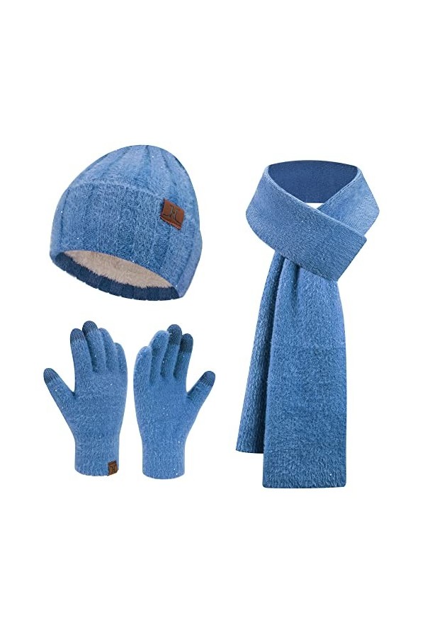 Femme Hiver Chaud Tricot Bonnet Gants Tactiles Grosse Echarpe Ensemble avec Sequins Doublure Epaisse en Polaire, Beige