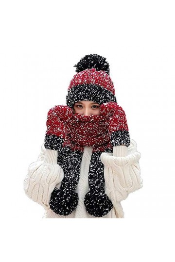 SINLOOG Bonnet avec écharpe et gants pour femme Hiver chaud Bonnet en tricot épais tête de mort 3 en 1 pour temps froid - rou