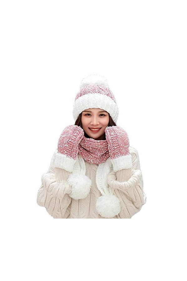 SINLOOG Bonnet avec écharpe et gants pour femme Hiver chaud Bonnet en tricot épais tête de mort 3 en 1 pour temps froid - rou