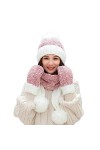 SINLOOG Bonnet avec écharpe et gants pour femme Hiver chaud Bonnet en tricot épais tête de mort 3 en 1 pour temps froid - rou