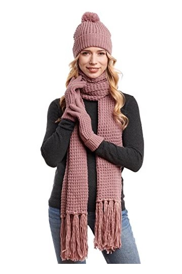 Hilltop Ensemble dhiver femme 3 pièces Echarpe tricotée, bonnet et gants - Echarpe oversize à franges, gants et bonnet à pom