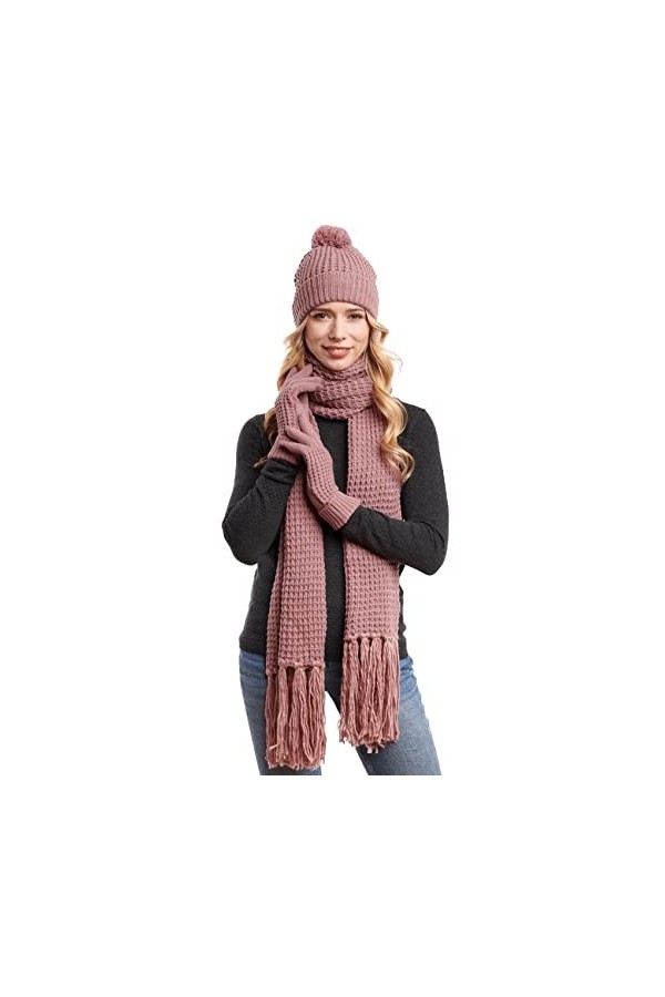 Hilltop Ensemble dhiver femme 3 pièces Echarpe tricotée, bonnet et gants - Echarpe oversize à franges, gants et bonnet à pom