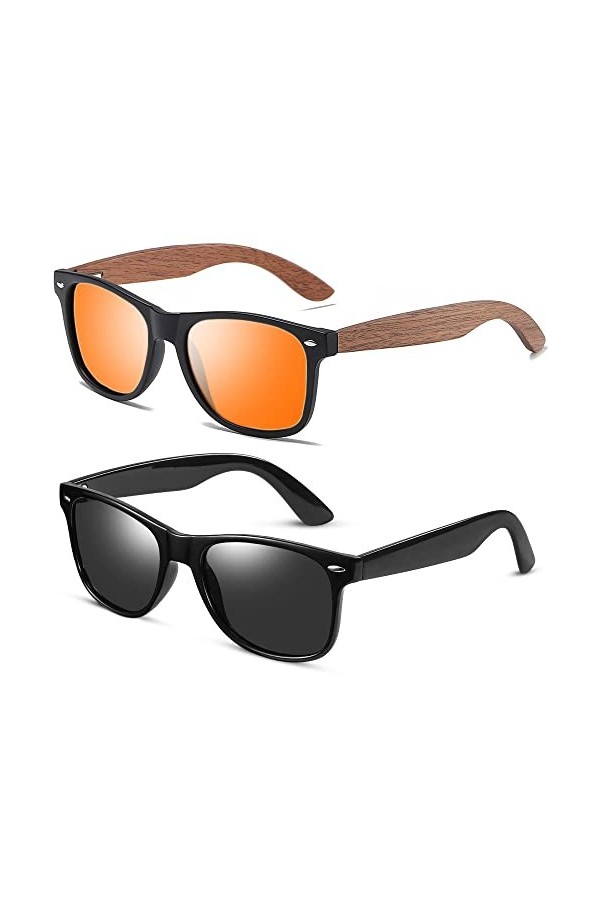 GTTLP Lunettes de soleil polarisées en bois pour homme et femme - Protection UV miroir, Bois bleu/plastique noir, 53mm