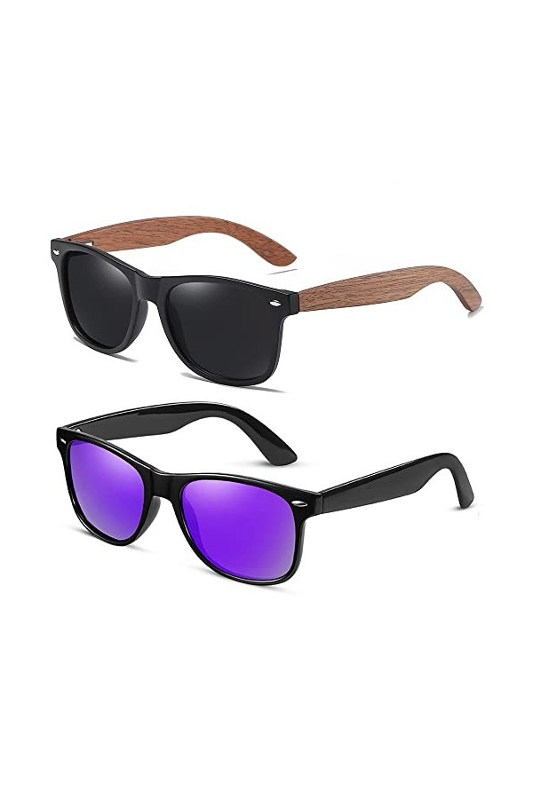 GTTLP Lunettes de soleil polarisées en bois pour homme et femme - Protection UV miroir, Bois bleu/plastique noir, 53mm
