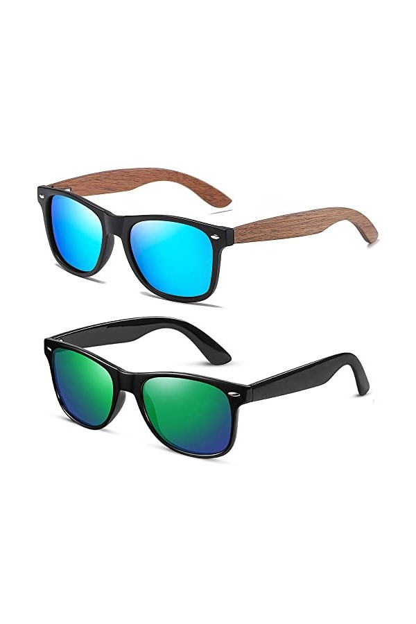 GTTLP Lunettes de soleil polarisées en bois pour homme et femme - Protection UV miroir, Bois bleu/plastique noir, 53mm