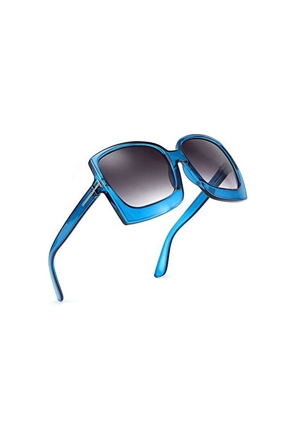 Karsaer K7075 Lunettes de soleil rondes surdimensionnées pour femme avec monture large, Verres bleu clair/gris dégradé