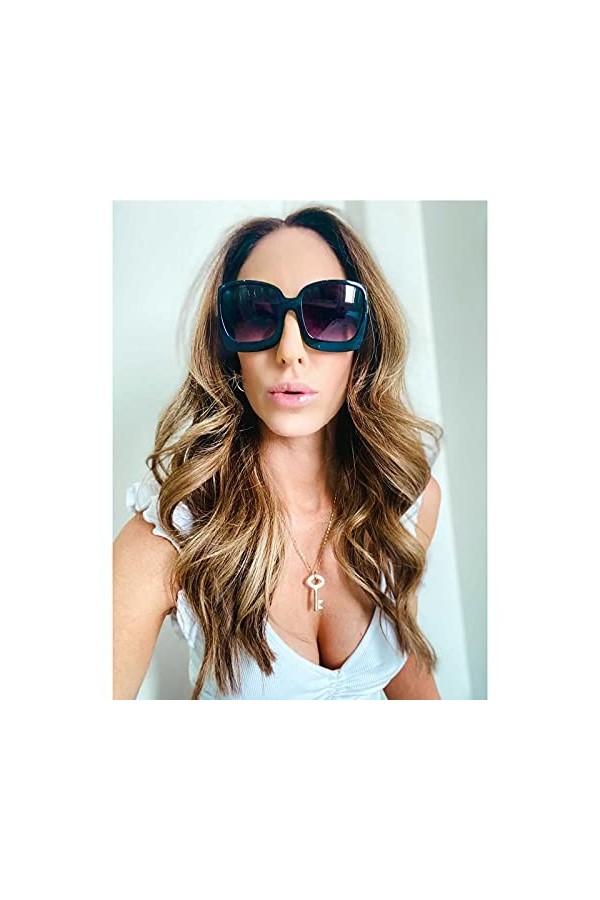 Karsaer K7075 Lunettes de soleil rondes surdimensionnées pour femme avec monture large, Verres bleu clair/gris dégradé