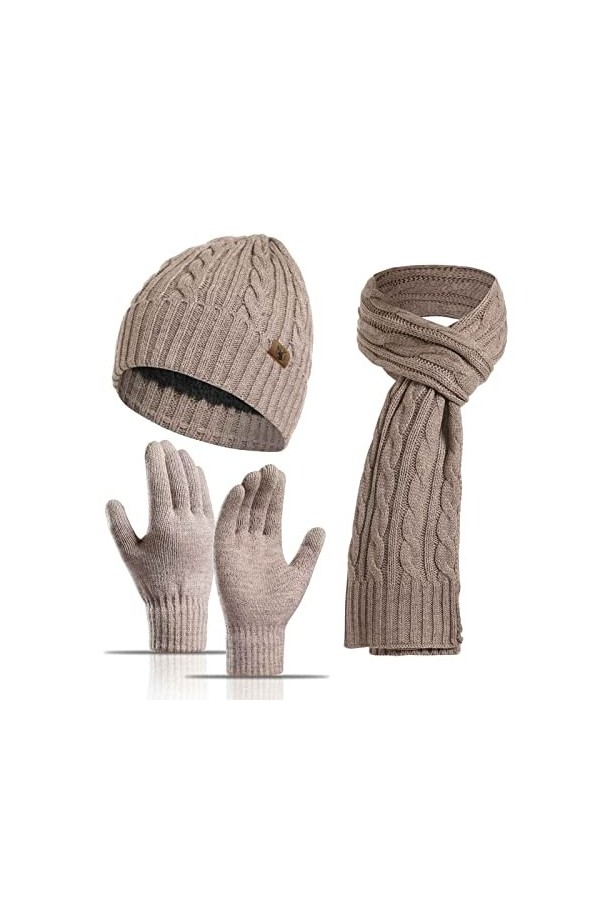 Ensemble Bonnet Echarpe Gant Femme & Homme 3 en 1 TricotéS Gants Ski Femme Hiver Chaud Doublé en Polaire