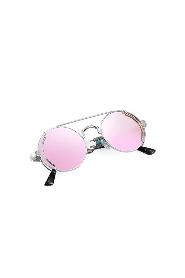 Karsaer Steampunk Lunettes de soleil John Lennon Hippie Lunettes rétro Cadre en métal rond Femme Homme, Miroirs roses