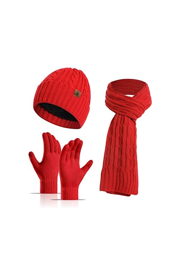 Ensemble Bonnet Echarpe Gant Femme & Homme 3 en 1 TricotéS Gants Ski Femme Hiver Chaud Doublé en Polaire