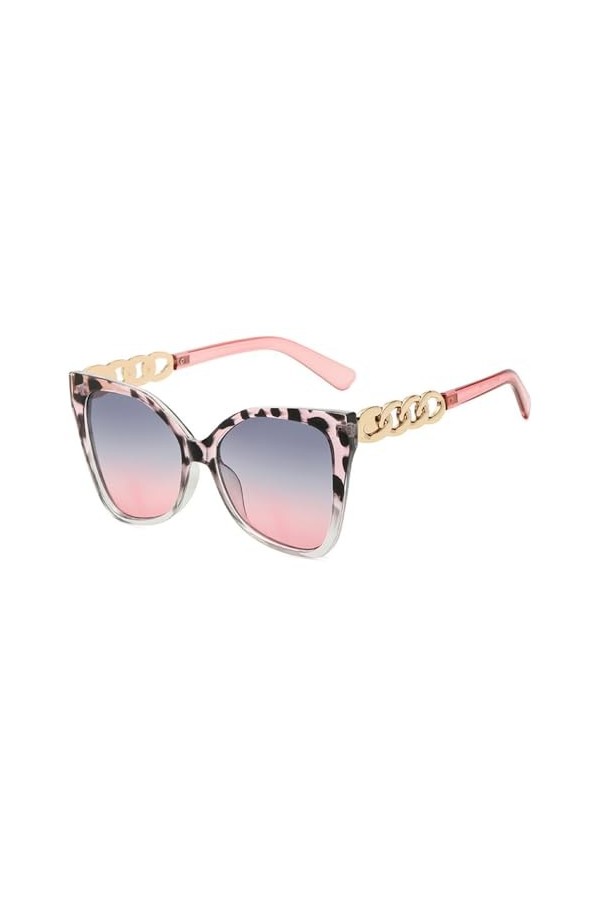 HPIRME Lunettes de Soleil pour Femmes à Grande Monture avec Chaîne Oeil de Chat Style Carré Lunettes de Soleil Femme Cateye,2