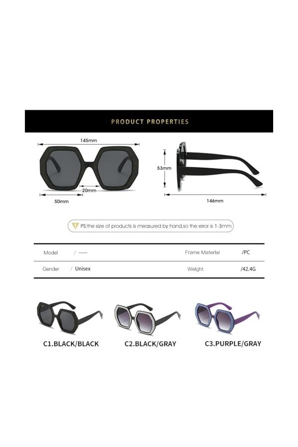 HCHES Lunettes de soleil pour femmes lunettes de soleil polygonales strass décoration lunettes de soleil rétro femme UV400 dé