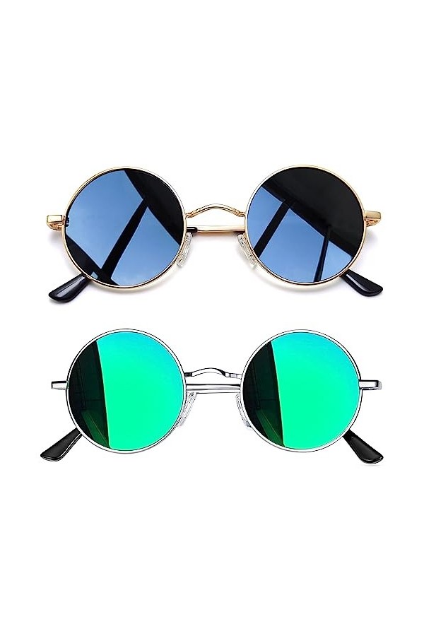 Joopin Lunette de Soleil Polarisée Ronde pour Homme et Femme - 2 Pack Lunettes Rétros Vintage Style Basique Or Noir et Vert