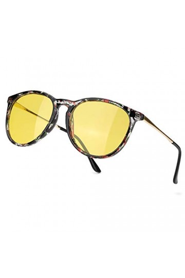 TJUTR Lunettes de Conduite de nuit Lunettes Polarisées Retro Rond Femme Homme UVA UVB Protection Floral/Jaune 