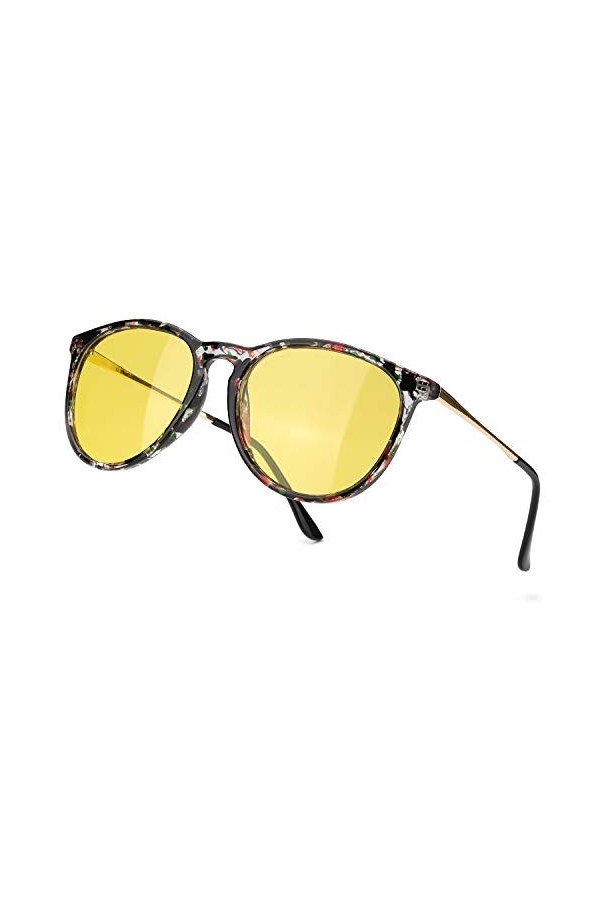 TJUTR Lunettes de Conduite de nuit Lunettes Polarisées Retro Rond Femme Homme UVA UVB Protection Floral/Jaune 