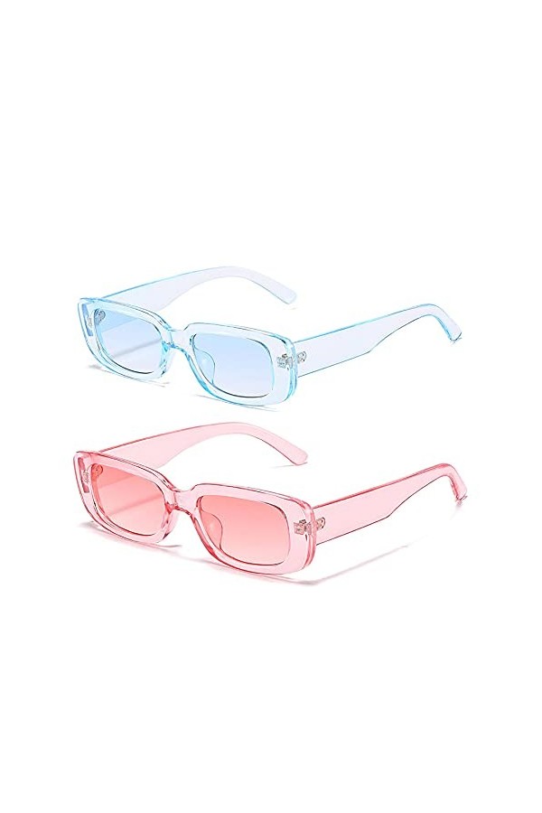 RUNHUIS Lunettes de soleil rectangulaires rétro pour homme et femme, Bleu + rose.
